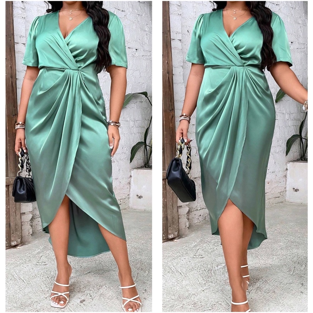 Luxe Satin Surplice Short Sleeve Evening Party Dress - Picture 9 of 9
